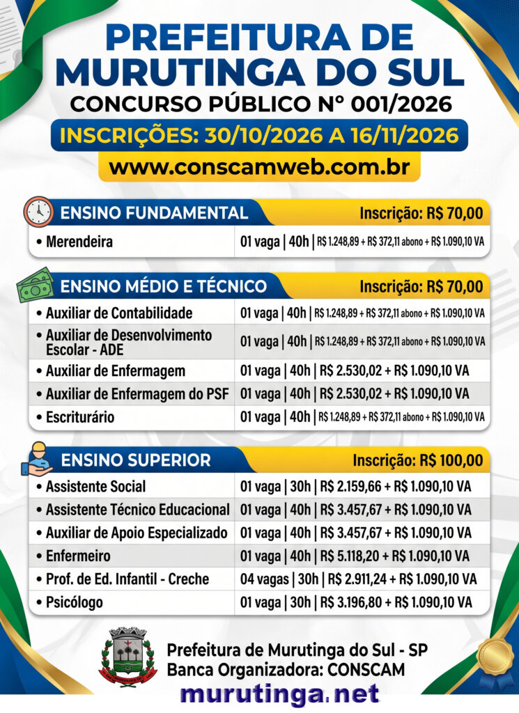 Concurso Público em Murutinga do Sul Oferece Salários de Até R$ 5,1 Mil